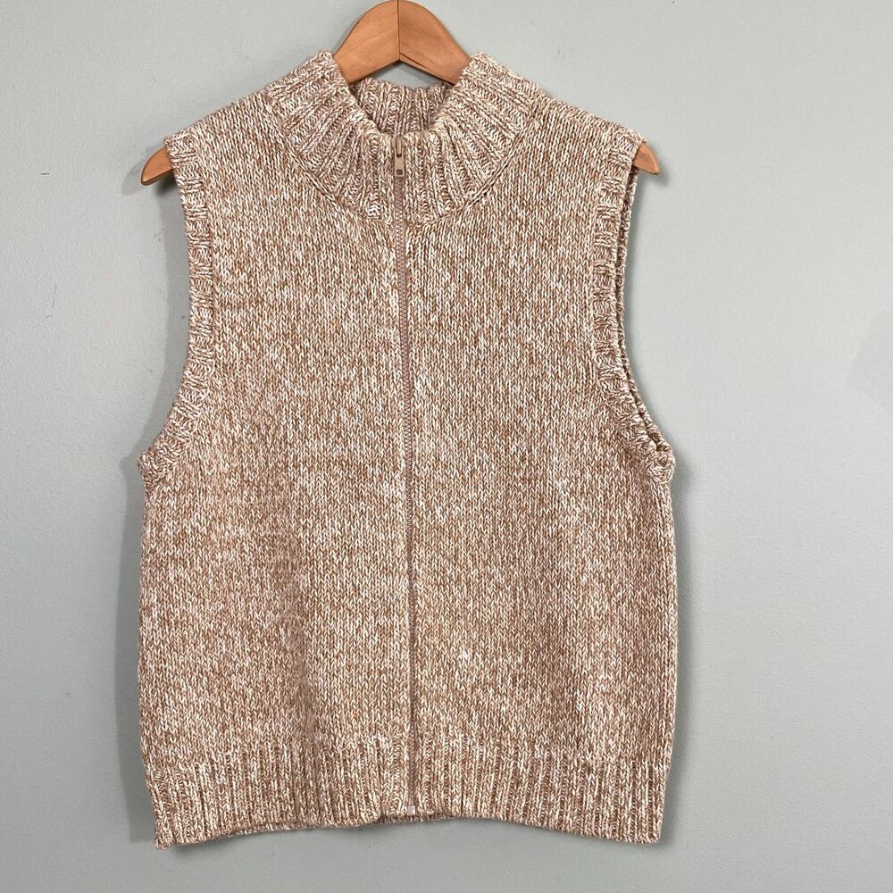 Talbots Sweater Vest Womens Medium Tan Full Zip Cotton Knit Minimalist VTG